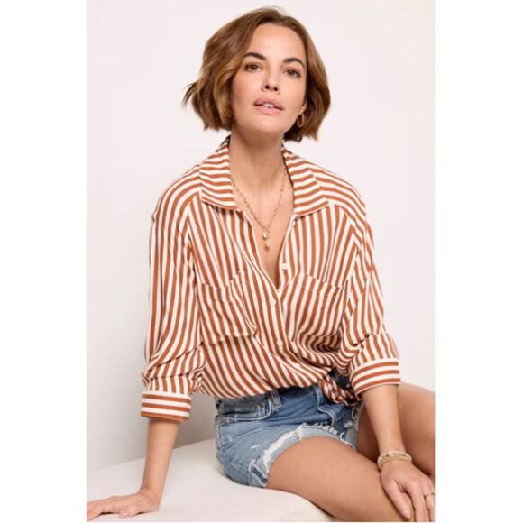 Evereve Tops - Evereve LNA Alpine Drawstring Button Down Shirt Brown Ivory Relaxed Beachy M